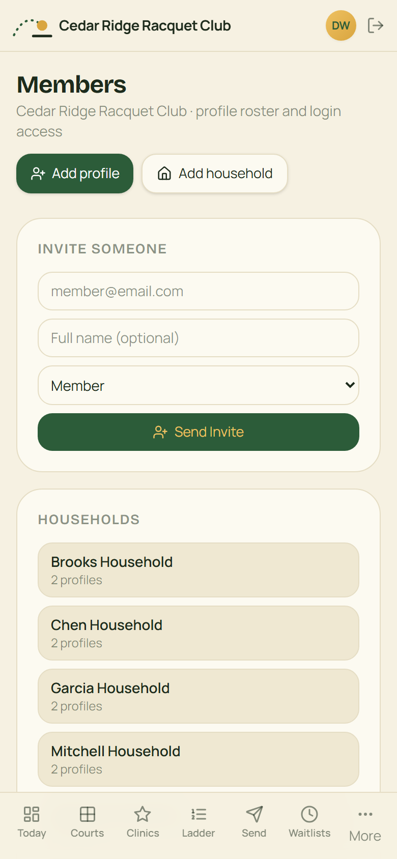 Head pro members screen: profile roster and login access, invitations with a role picker, and household groupings.