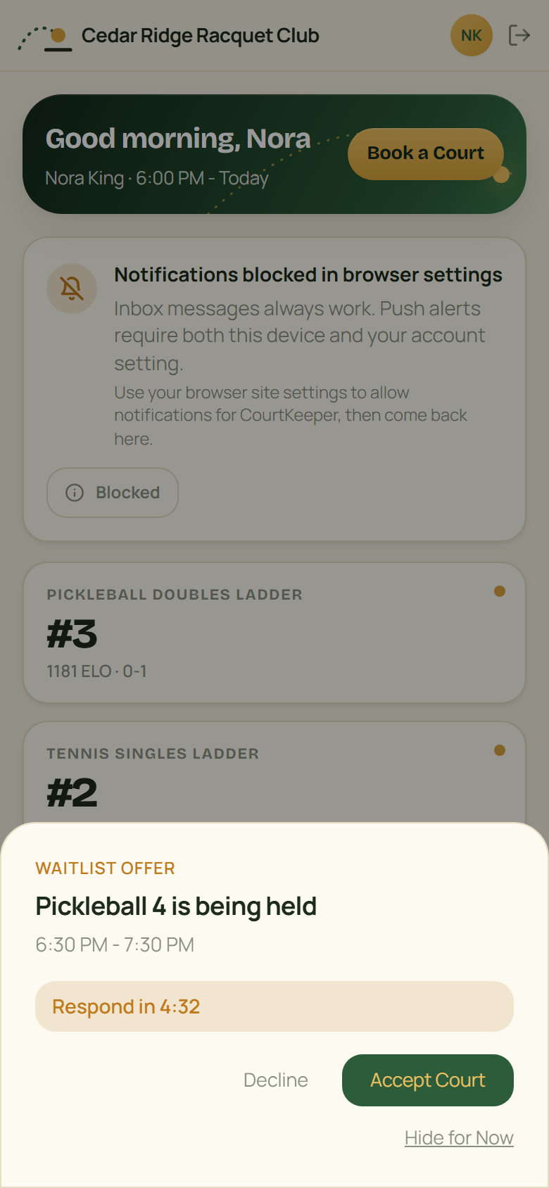 CourtKeeper waitlist offer on a phone: Pickleball 4 is being held, with a live countdown and Accept Court and Decline buttons.