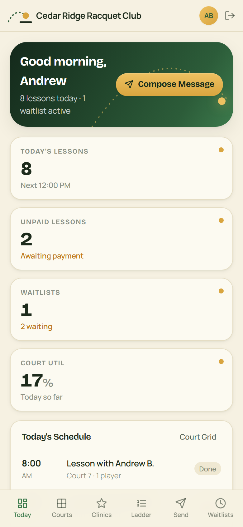Pro dashboard on a phone: eight lessons today, two waitlists with five members waiting, unpaid lesson flags, and the day's schedule.