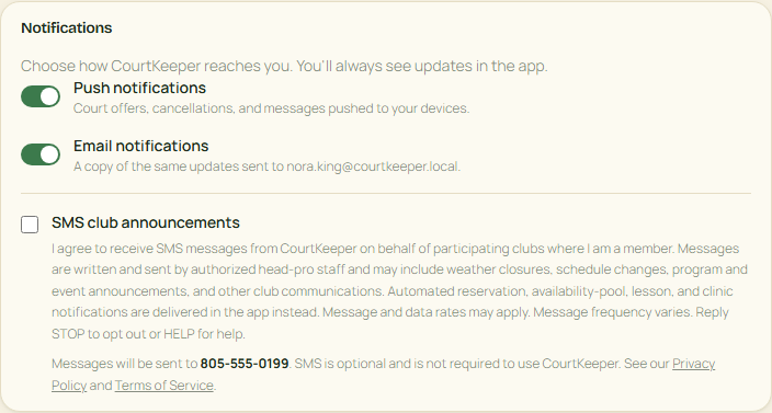 CourtKeeper My account Notifications screen showing push and email preferences plus an unchecked SMS club announcements consent checkbox with full disclosure text and Privacy Policy and Terms of Service links.